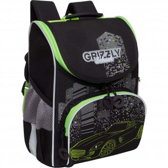 Ранец школьный с мешком для обуви GRIZZLY RAM-385-2 черный - салатовый